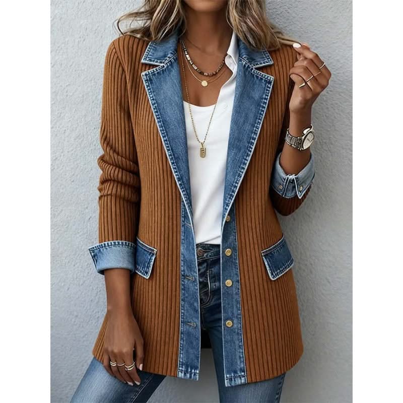 Stylowa kurtka damska jeansowa patchwork. Połączenie denimu i dzianiny dla maksymalnej wygody.