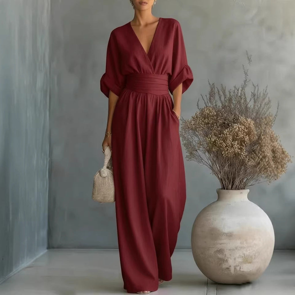 Elegancki damski kombinezon CJ26 z dekoltem V, idealny na wyjście, modny i stylowy krój.