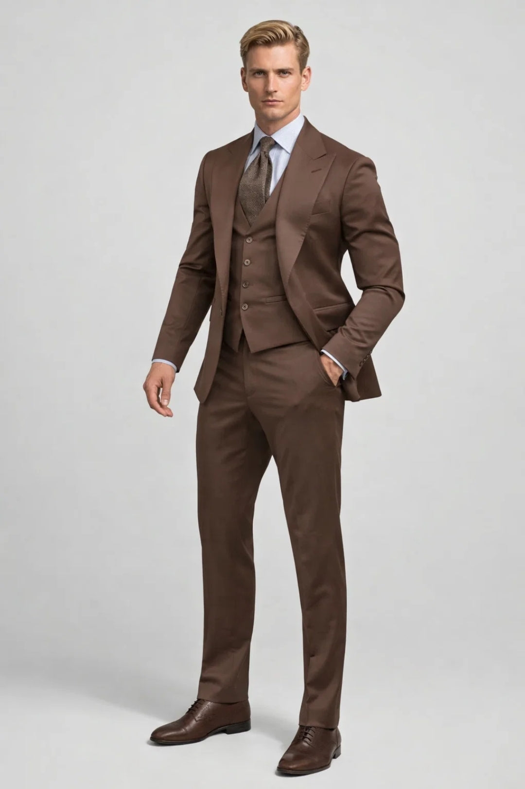 Męski brązowy garnitur trzyczęściowy, elegancki. Idealny na wesele, biznes i inne wizytowe okazje. Formalna moda.