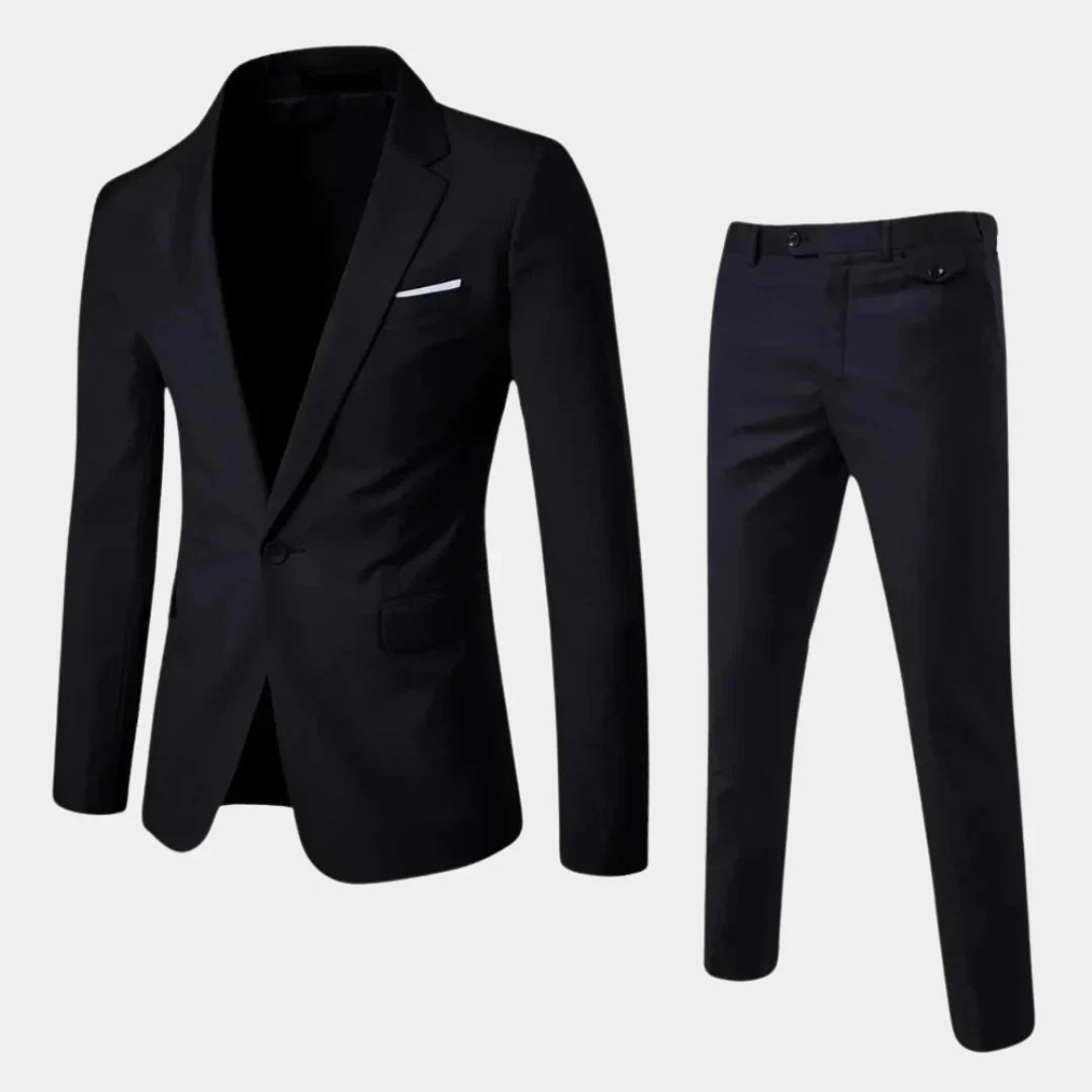 Męski garnitur slim fit w eleganckim stylu, idealny na formalne i biznesowe okazje. Komplet marynarka i spodnie.