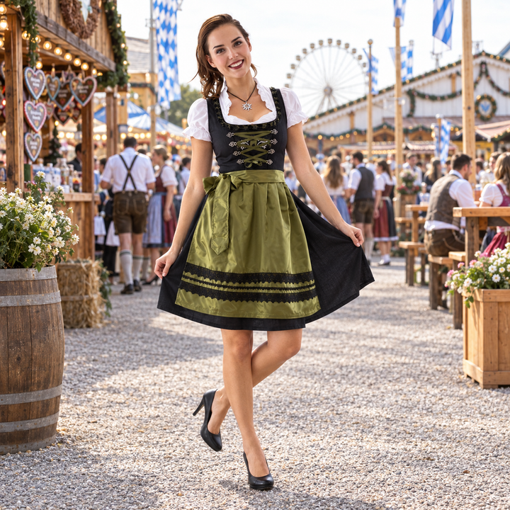 Elegancka sukienka Dirndl czarno-oliwkowa z haftem i dopasowaną białą bluzką, idealna na Oktoberfest.