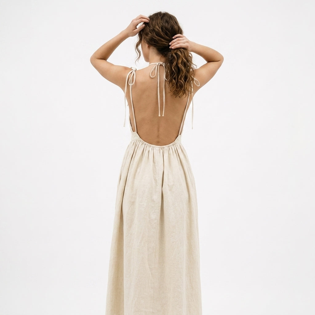 Elegancka, a zarazem casualowa lniana sukienka maxi damska, modna na lato.