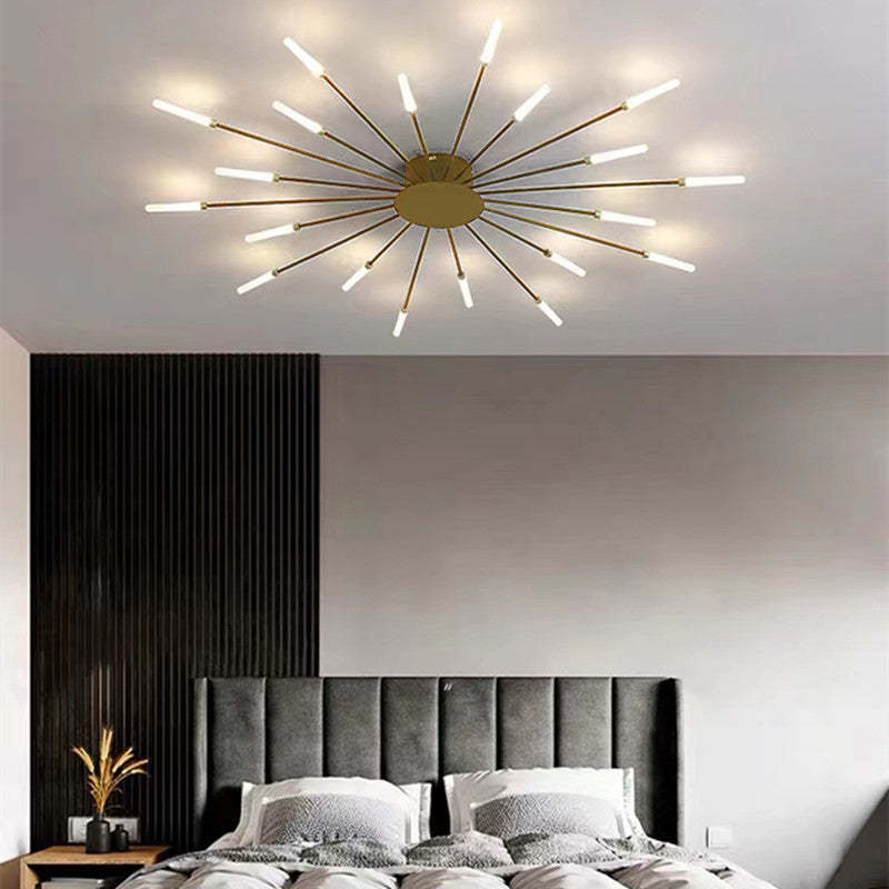Nowoczesna lampa sufitowa LED, złota, elegancki design do sypialni, oświetlenie wnętrz.