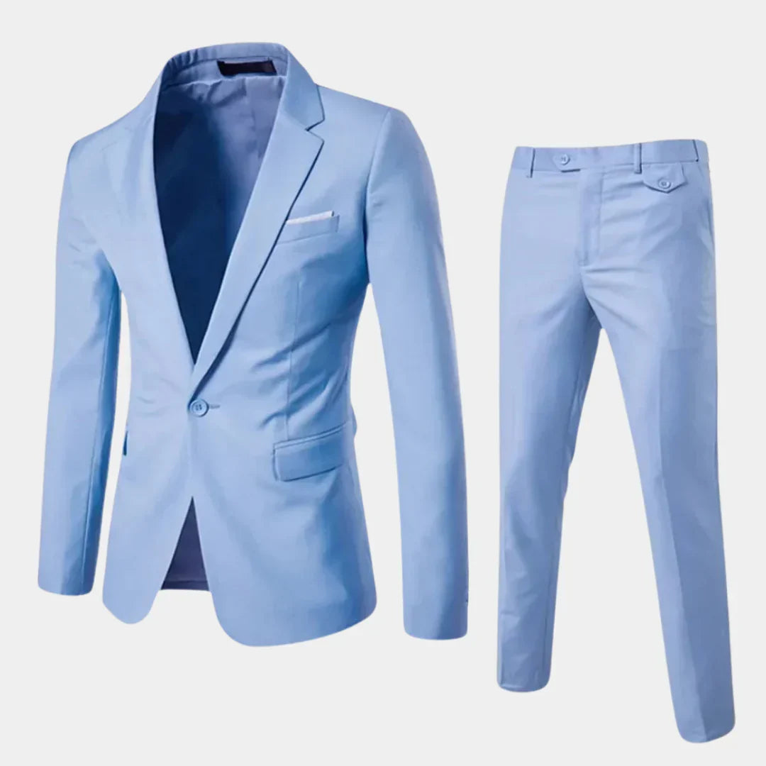 Męskie spodnie slim fit, część eleganckiego garnituru, z modnym, dopasowanym krojem, idealne do pracy i na eventy.