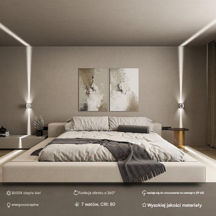 Projektor LED HaloGlow oświetla sypialnię, tworząc dynamiczny efekt świetlny 360° jako lampa nastrojowa.