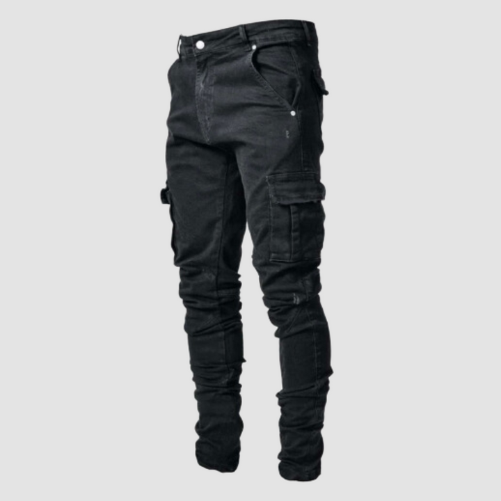 Niebieskie letnie jeansy męskie slim fit. Wygodne spodnie cargo w stylu casual na ciepłe dni.