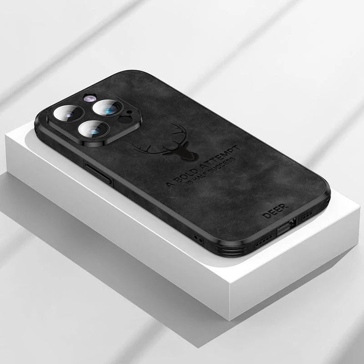Antywstrząsowe etui iPhone Veltro, sarnia skóra, ochrona aparatu, stylowy wygląd.