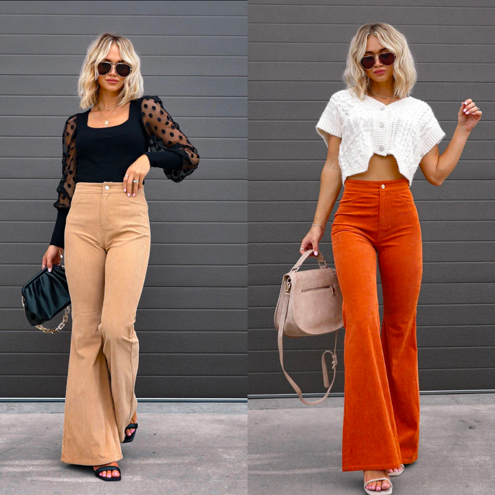 Retro damskie spodnie culottes z wysokim stanem. Szerokie nogawki, jesienne, zimowe, komfortowe.