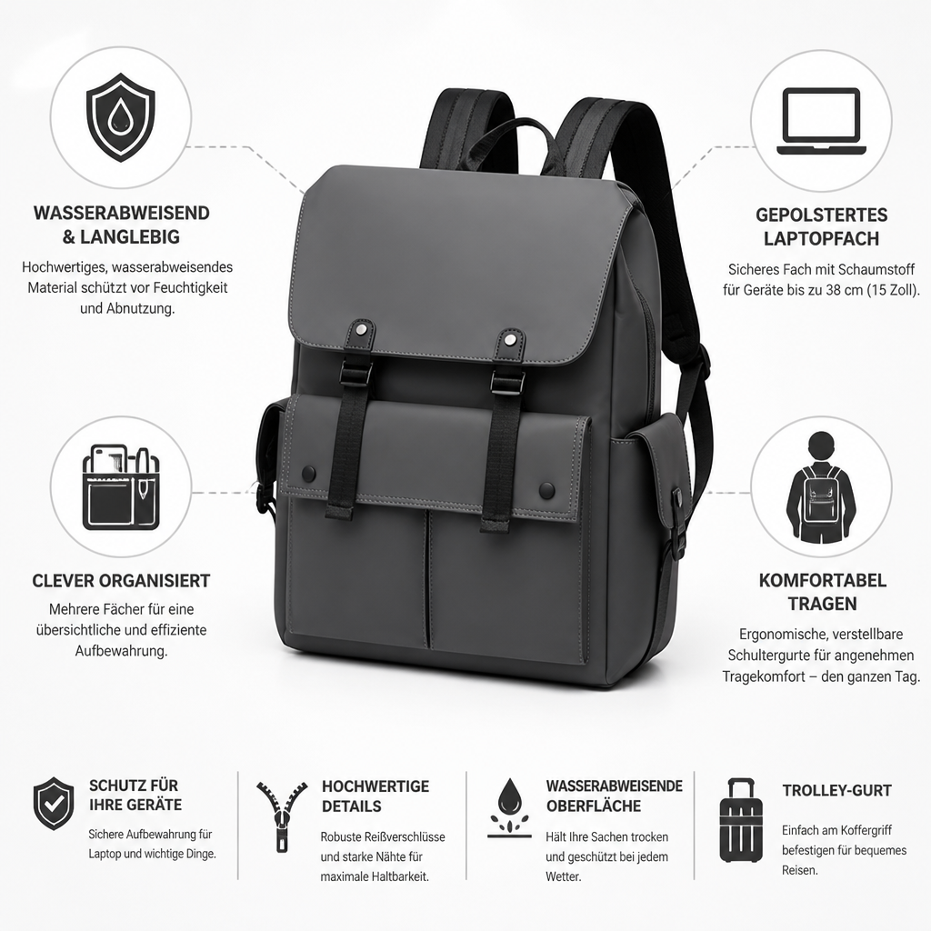 Wnętrze plecaka na laptopa 15 cali z wieloma przegrodami i organizerem. Funkcjonalny i pojemny.