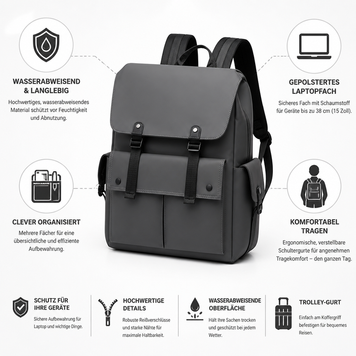 Wnętrze plecaka na laptopa 15 cali z wieloma przegrodami i organizerem. Funkcjonalny i pojemny.