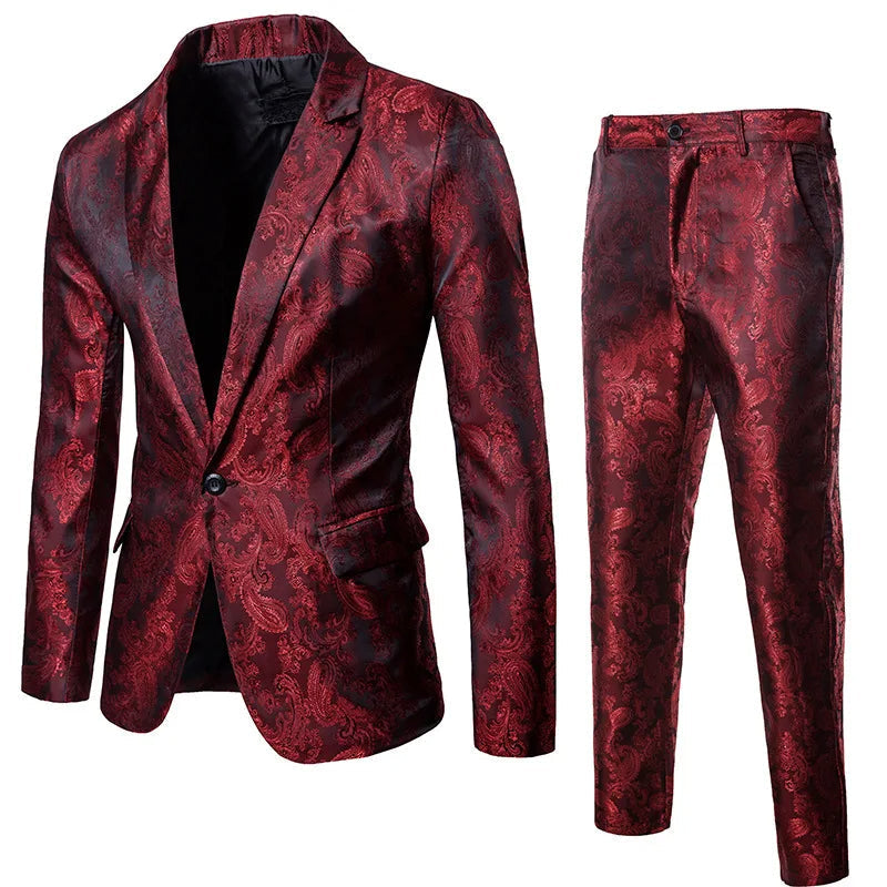 Mężczyzna w eleganckim, dwuczęściowym garniturze slim fit. Idealny formalny komplet na imprezę.
