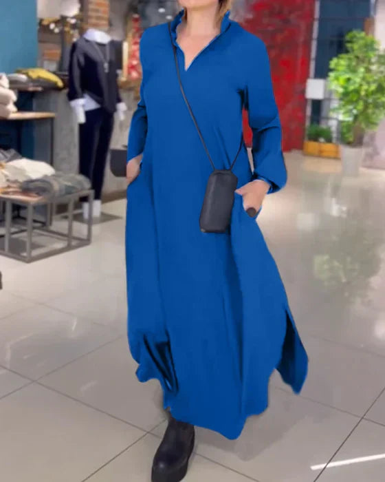 Uniwersalna długa sukienka bawełniana, elegancka na wieczór i komfortowa na dzień, z modnym dekoltem V.
