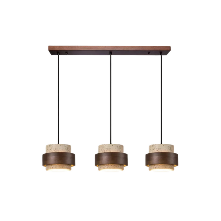 Lampa wisząca Wabi Sabi, designerskie oświetlenie sufitowe. Styl retro, drewno i trawertyn, idealna do przytulnej jadalni.