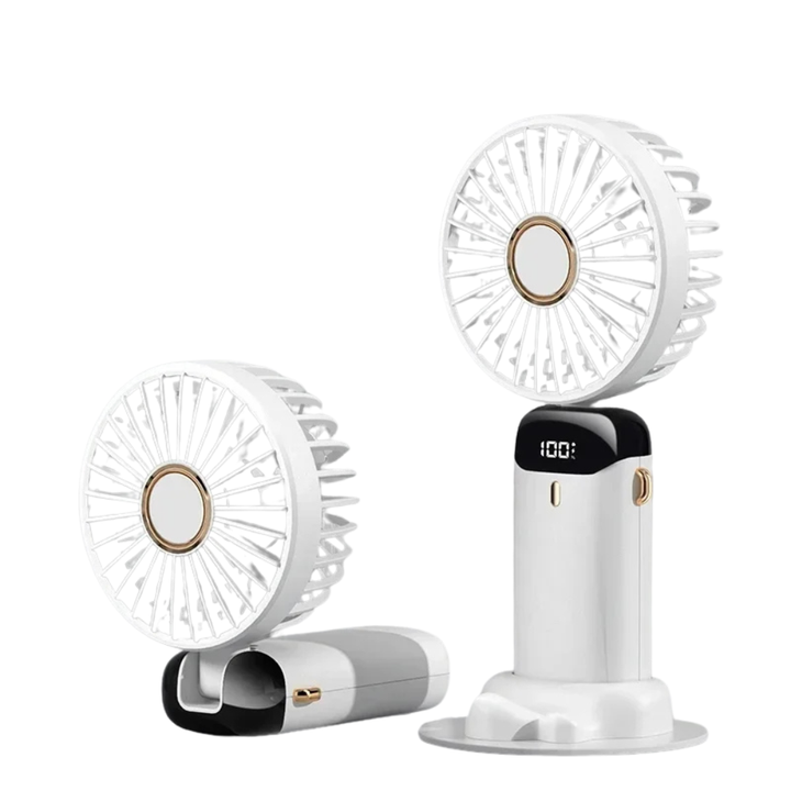 Kompaktowy wentylator USB z oświetleniem LED, 5 prędkości, składany, do użytku ręcznego.