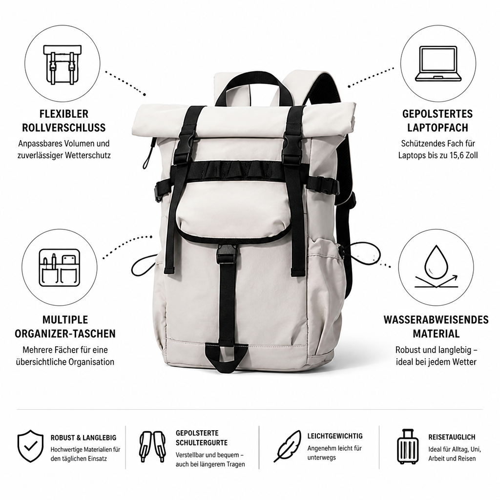Wodoodporny plecak rolltop z regulowanym zamknięciem, gwarantujący bezpieczeństwo laptopa, do miasta.