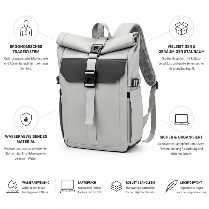 Wodoodporny plecak rolltop unisex, bezpieczny na laptopa, idealny na deszczowe dni w mieście.