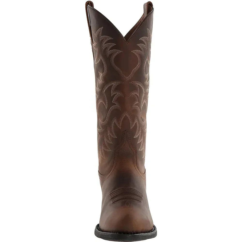 Eleganckie brązowe buty kowbojskie unisex, haftowane. Stylowe obuwie western na jazdę konną lub miasto.