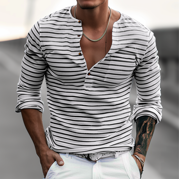 Wygodny męski t-shirt Henley z długim rękawem, w paski, do całorocznej odzieży codziennej.