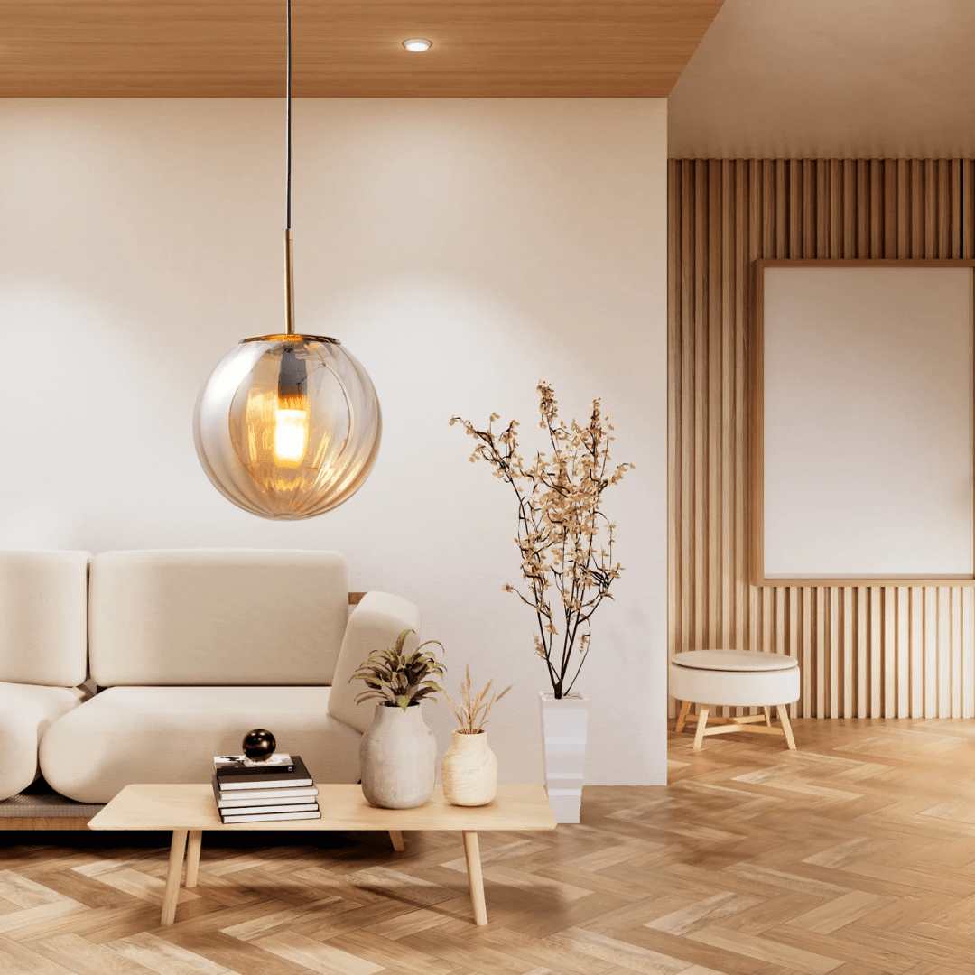 Szklana lampa wisząca nad stół. Nowoczesne oświetlenie do jadalni. Elegancka dekoracja wnętrz.