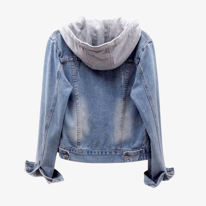 Nowa damska kurtka dżinsowa z kapturem, krótka, w odcieniu niebieskiego denimu. Styl casual.