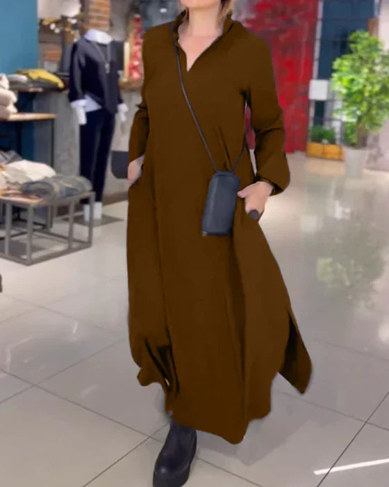 Stylowa damska sukienka maxi z dekoltem V, rozcięciem, z premium bawełny, elegancka i nowoczesna.