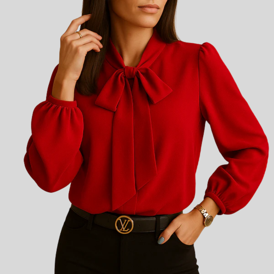 Koszula damska bluzka z długim rękawem i ozdobną wstążką, elegancka moda damska na każdą okazję.