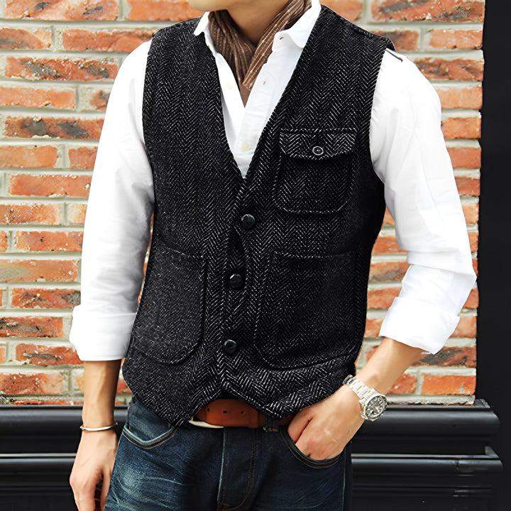 Tweedowa kamizelka męska, elegancka odzież w stylu klasycznym, smart casual i na co dzień.