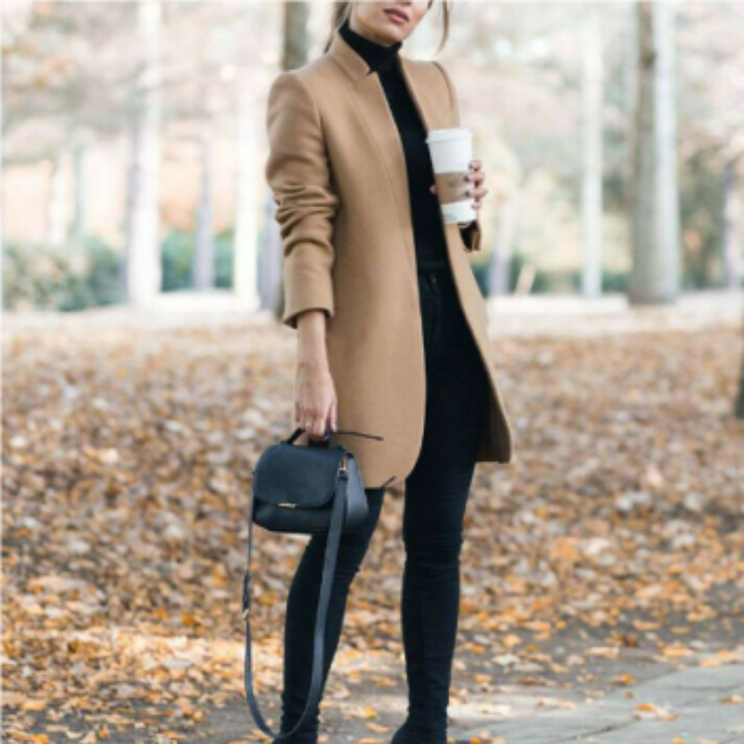 Klasyczny damski płaszcz zimowy, z wysokim kołnierzem, idealny do eleganckich i casualowych stylizacji.
