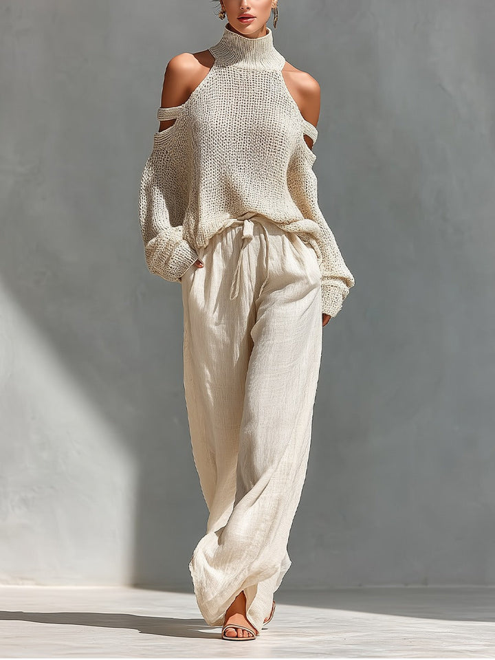 Wygodny dwuczęściowy zestaw damski: stylowy top off-shoulder i szerokie spodnie. Modny i komfortowy.