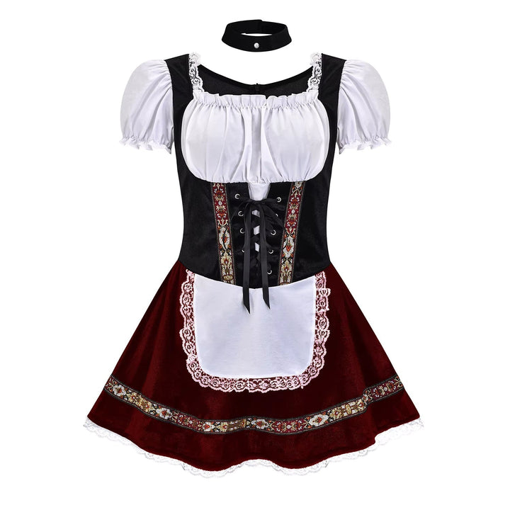 Damska odzież: sukienka Dirndl z gorsetem, bufiastymi rękawami. Idealna na Oktoberfest i tematyczne imprezy.