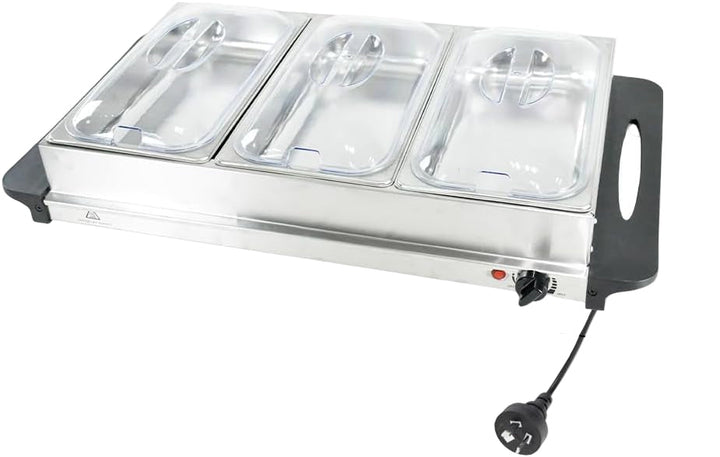Elektryczny podgrzewacz bufetowy z 3 tacami 2.5L i pokrywkami, idealny do serwowania ciepłego jedzenia.