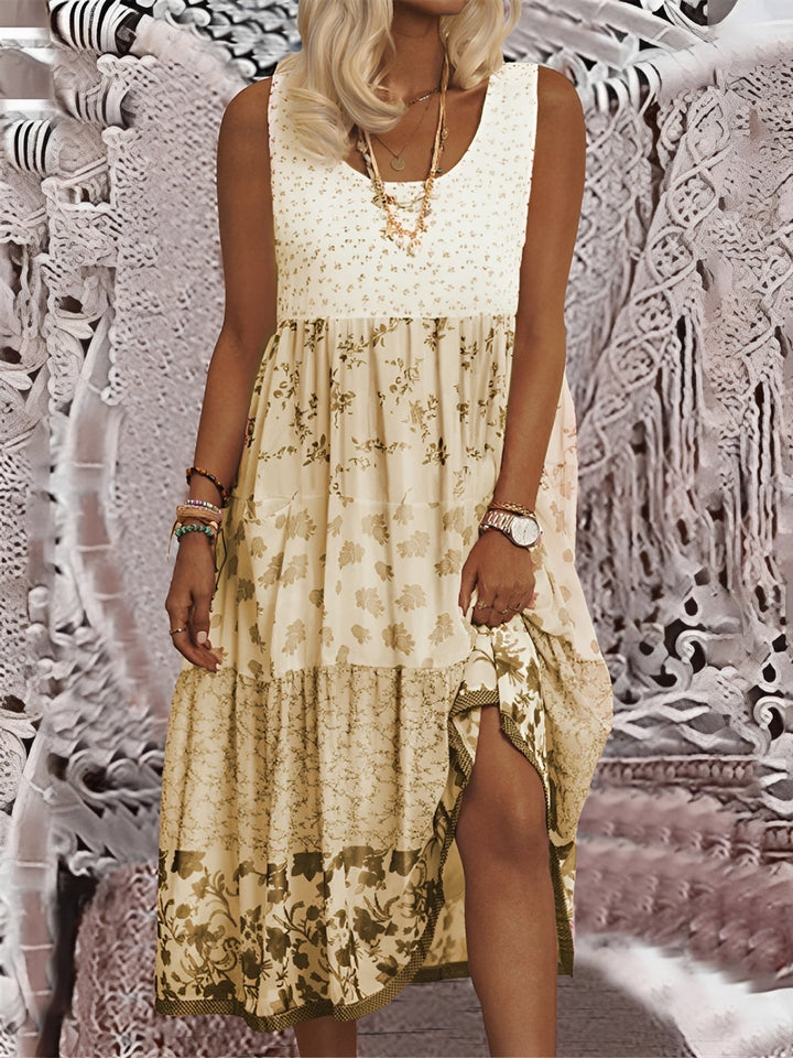 Elegancka sukienka boho midi Nancy z wzorem. Wygodna, letnia sukienka damska, uniwersalna na każdą okazję.