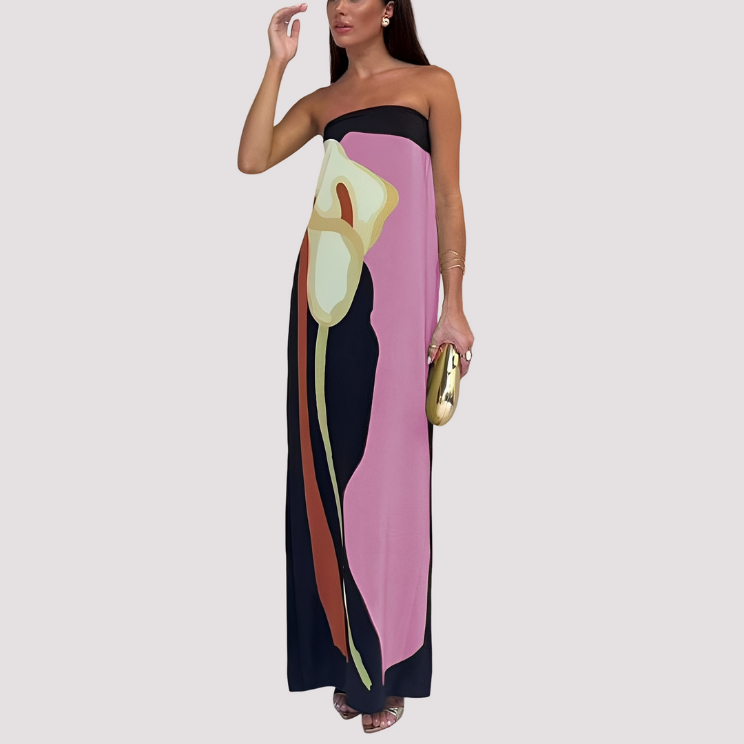 Damska stylowa sukienka maxi bez ramiączek. Elegancka letnia sukienka, idealna na upały.