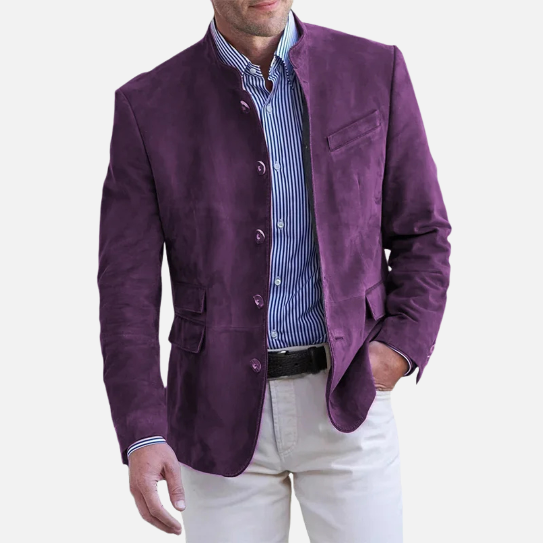 Jesienna męska marynarka zamszowa ze stójką. Modne okrycie o casualowym i eleganckim wyglądzie.