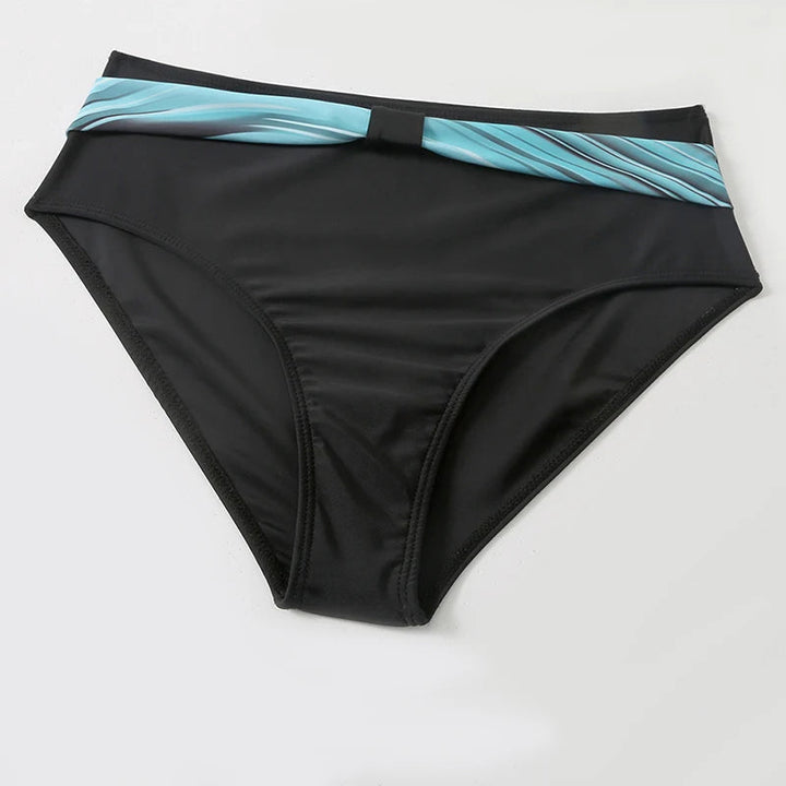Eleganckie niebieskie bikini z wysokim stanem, modnym nadrukiem. Dwuczęściowy strój kąpielowy damski na plażę.