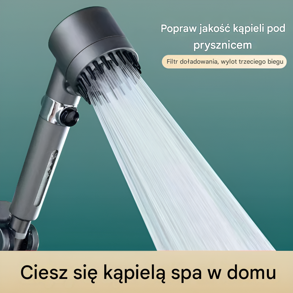 Szczegół czarnej słuchawki prysznicowej AquaTune, prezentującej minimalistyczny design i dysze oszczędzające wodę.