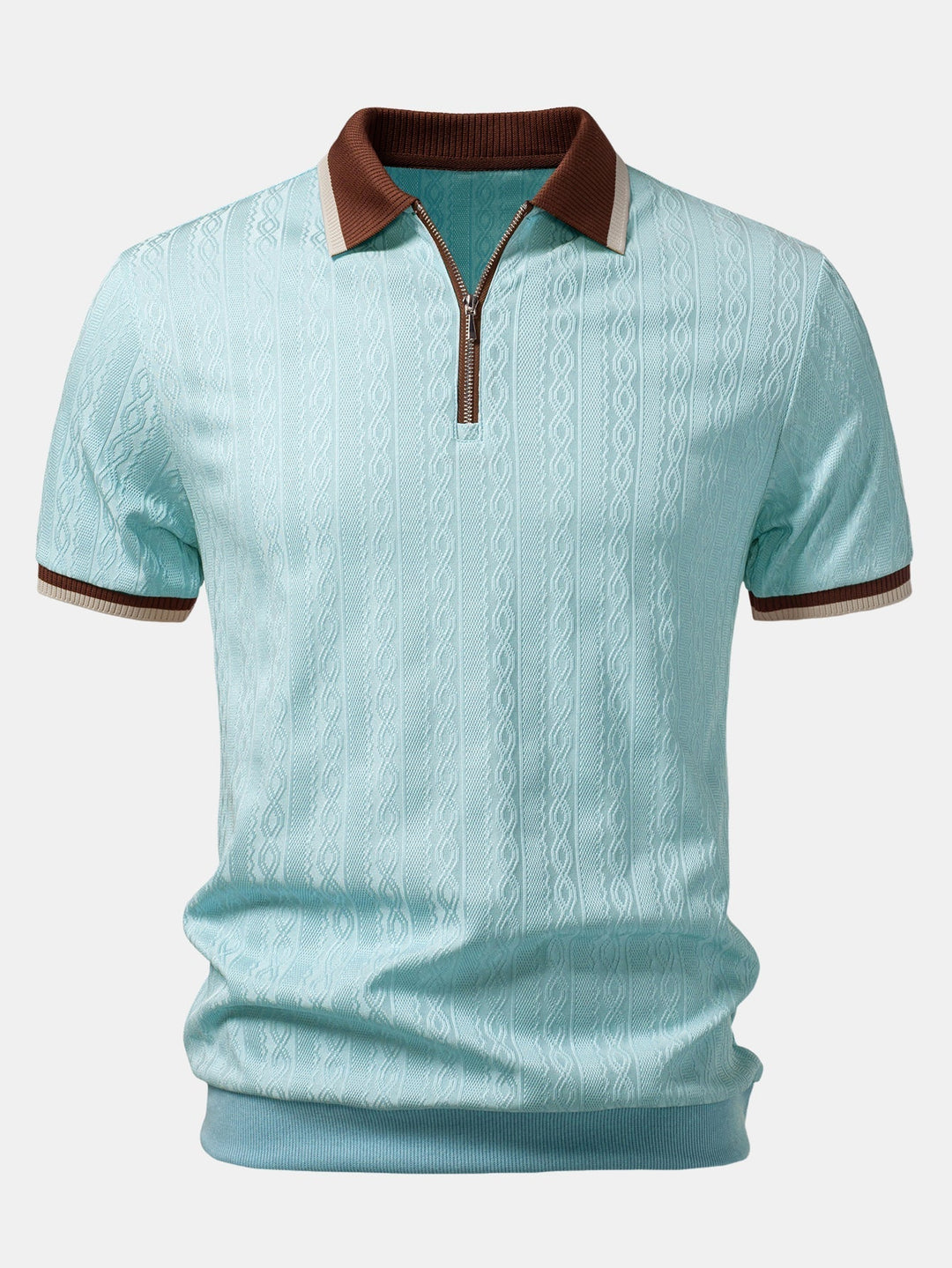 Fakturowana dzianinowa koszulka polo męska, zamek, krótki rękaw, regular fit, styl casual.