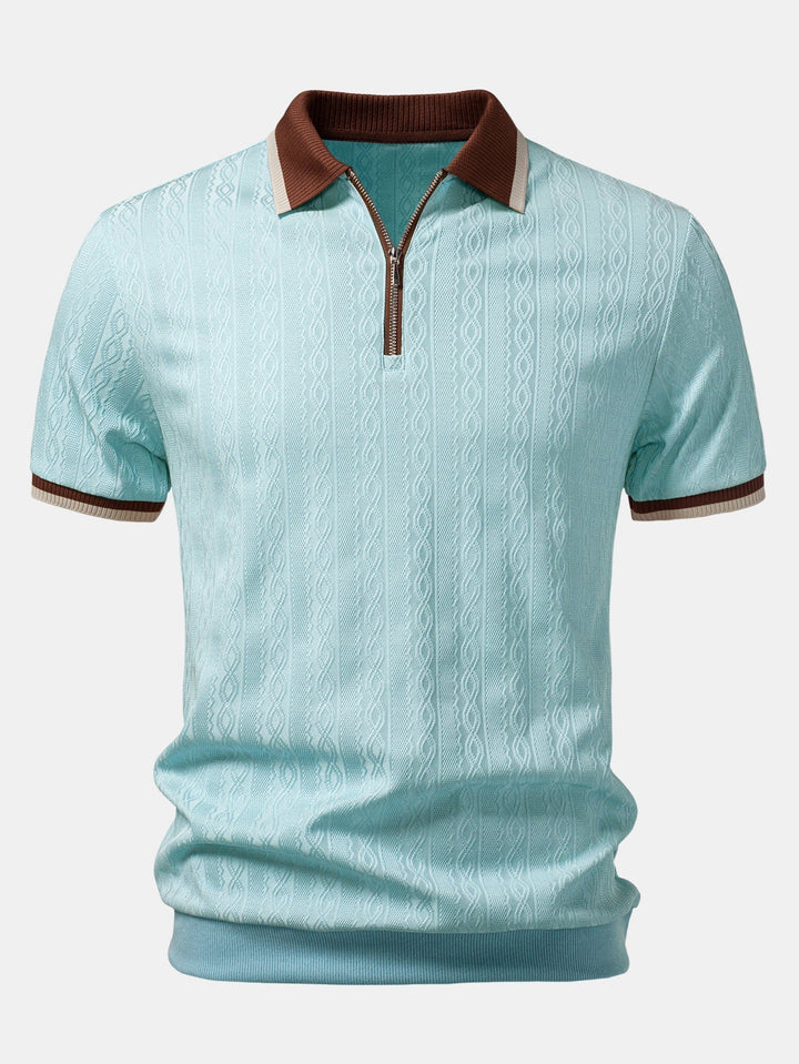 Fakturowana dzianinowa koszulka polo męska, zamek, krótki rękaw, regular fit, styl casual.