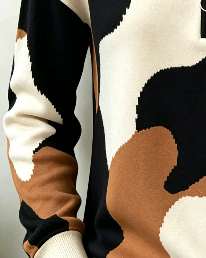 Wygodna bluza damska z dekoltem V, wzór color block, zamek, styl casual na co dzień.