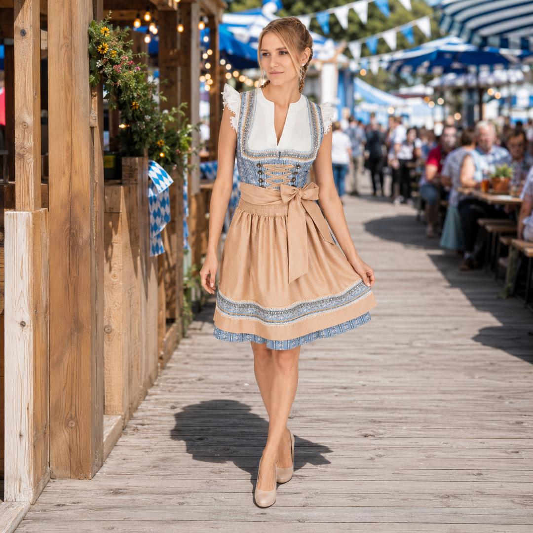 Jasnoniebieska damska sukienka Dirndl mini, dwuczęściowy strój ludowy, idealny na festiwale bawarskie.