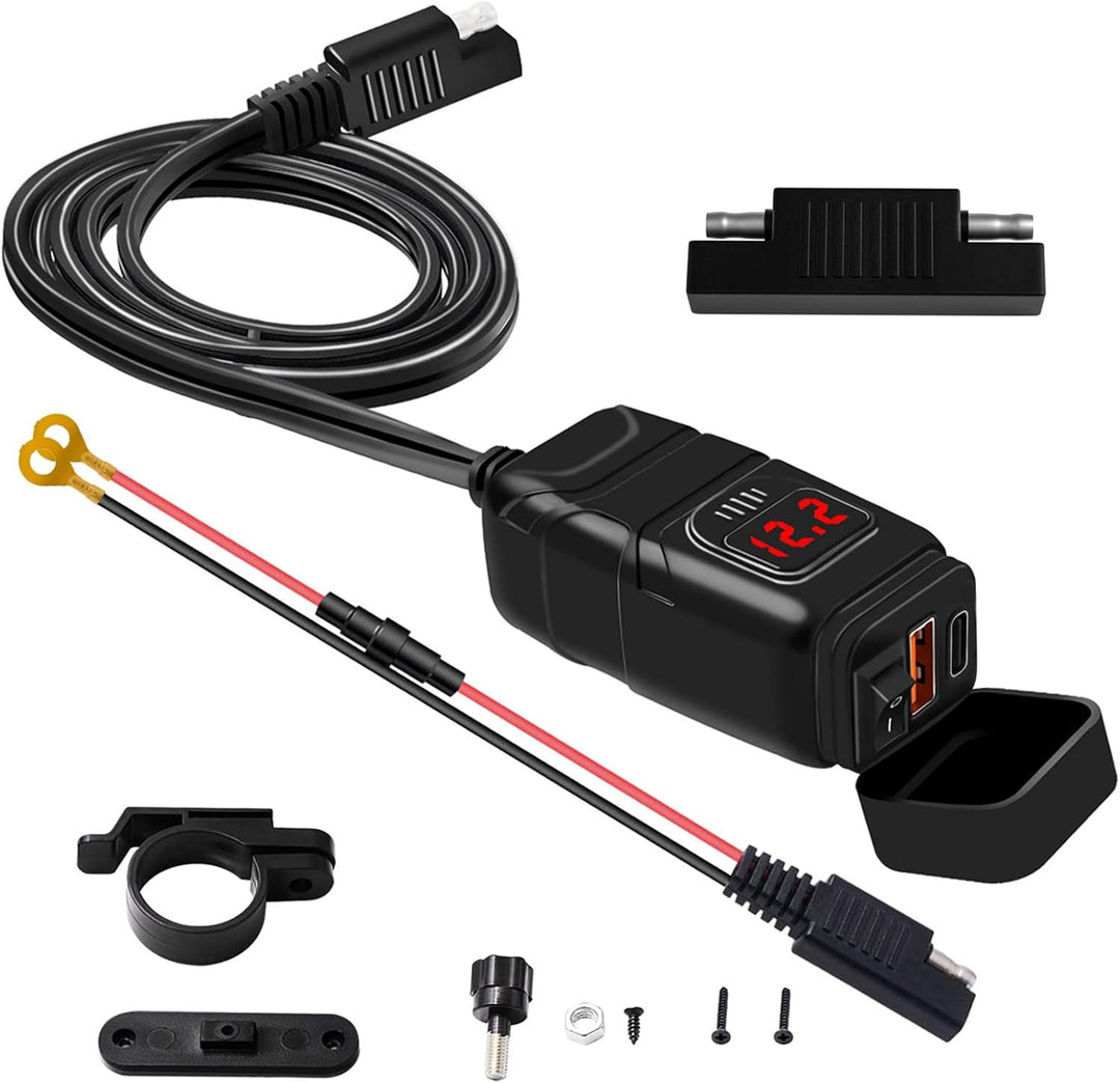 Ładowarka motocyklowa Drayvik USB-C i USB-A z woltomierzem. Szybkie ładowanie akcesoriów w podróży.