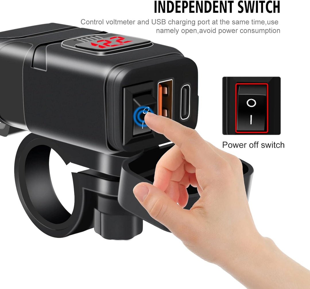 Ładowarka USB-C i USB-A do motocykla z woltomierzem. Akcesorium Drayvik do ładowania w trasie.