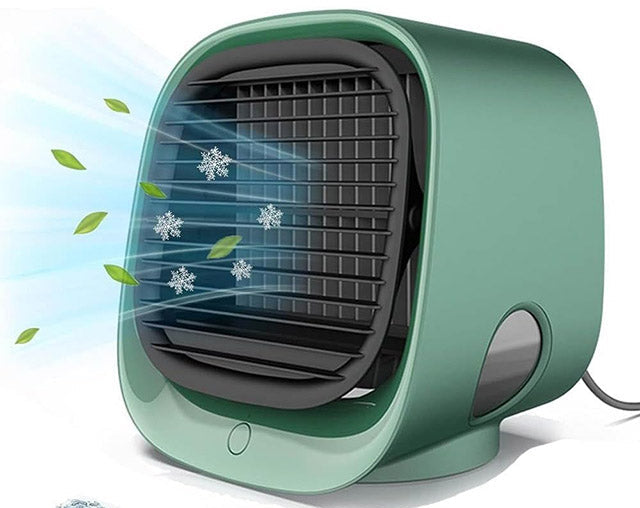 Elegancki, kompaktowy klimator LED na biurko. Przenośny wentylator chłodzący do domu, biura, daje świeżość.