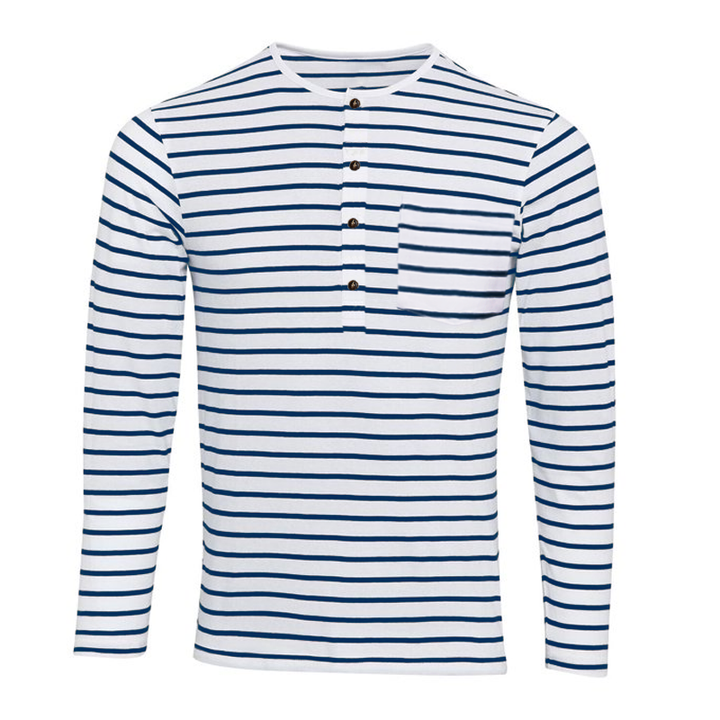 Klasyczny męski t-shirt Henley w paski, długi rękaw, uniwersalny na każdą porę roku.