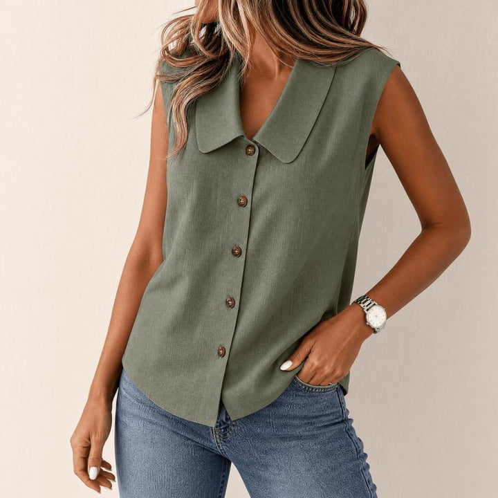 Stylowy top damski bez rękawów z kołnierzykiem. Gładki, lekki, idealny na lato i spacer.