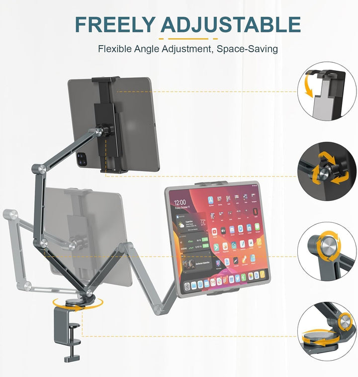 Detal: Obrotowa głowica aluminiowego uchwytu na tablet Movaro, z precyzyjną regulacją 360°.