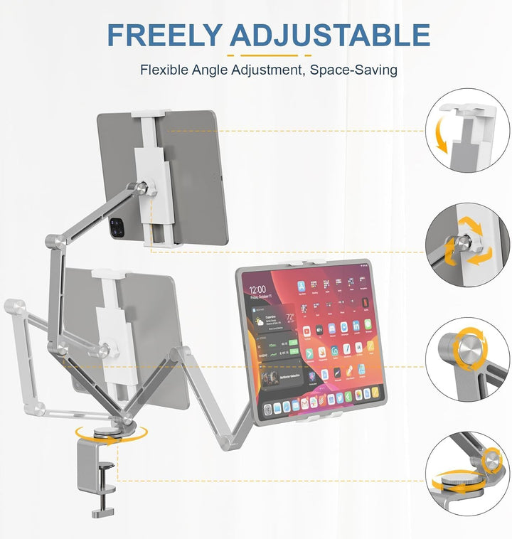 Obrotowy uchwyt na tablet 360°, aluminiowy, uniwersalny. Stabilne mocowanie C-clip na biurko.