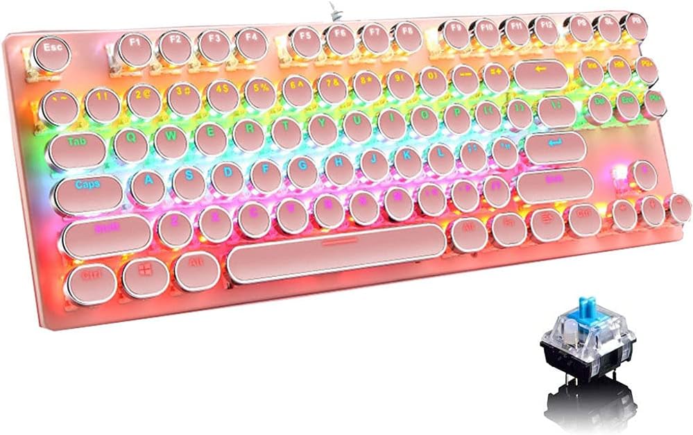 Klawiatura gamingowa mechaniczna 87 klawiszy RGB, niebieskie switche. Idealna do gier i biura.