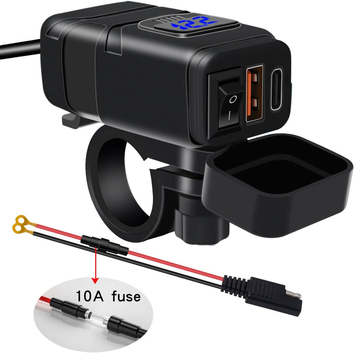 Wielofunkcyjna ładowarka motocyklowa z szybkim ładowaniem USB-C/A i precyzyjnym woltomierzem.