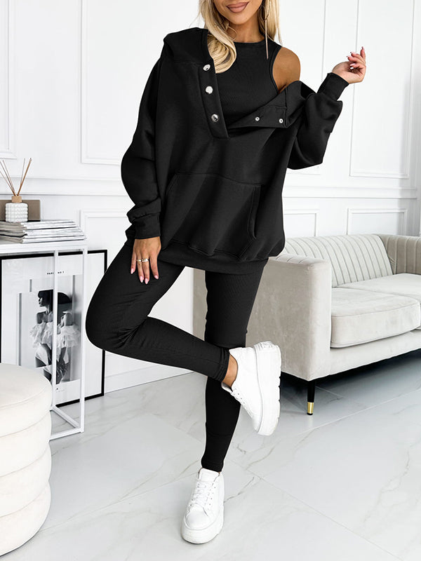 Dres damski Lisa: bluza dresowa, spodnie dresowe z wysokim stanem i top. Modny, wygodny komplet 3w1.
